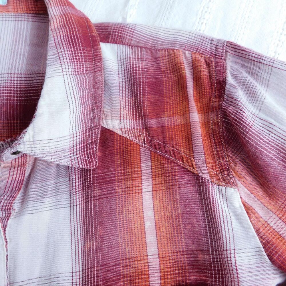 Maurices Shirt XL Plaid Brushed Cotton Pearl Snap Red Orange White Long Sleeve - Picture 6 of 16